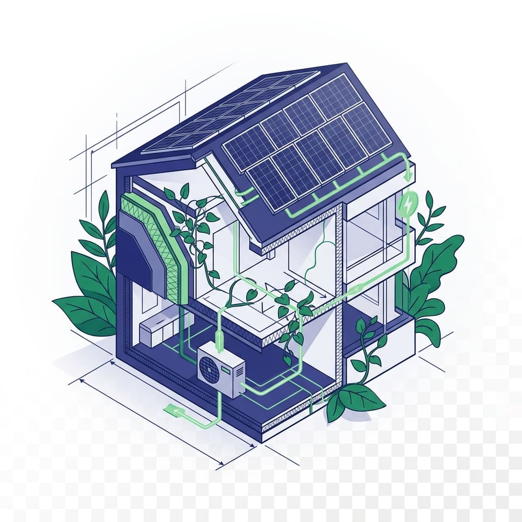 Sezione isometrica di un edificio ad alta efficienza energetica con pannelli solari, pompa di calore e isolamento — progettato da EngiPlanner